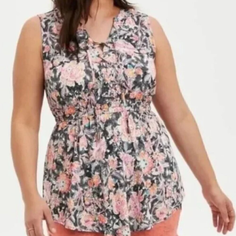 Torrid Babydoll Challis Floral Lace-Up Tunic Top Plus Size 4 4X Like New